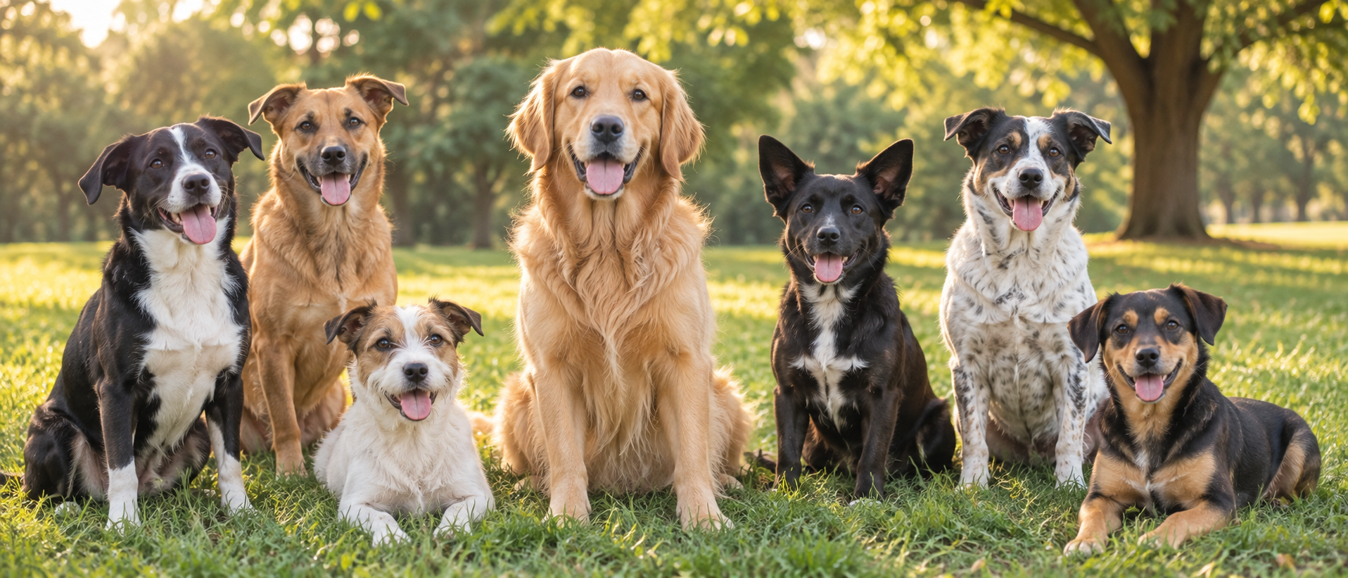 A Golden Retriever with a friendly group of dogs in a sunny park